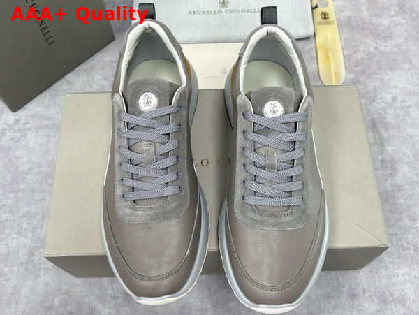 Brunello Cucinelli Calfskin and Suede Runners in Light Grey Replica