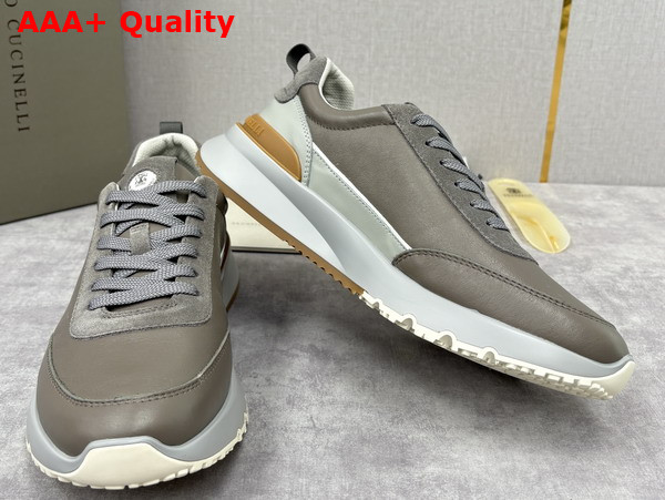 Brunello Cucinelli Calfskin and Suede Runners in Light Grey Replica