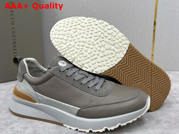 Brunello Cucinelli Calfskin and Suede Runners in Light Grey Replica
