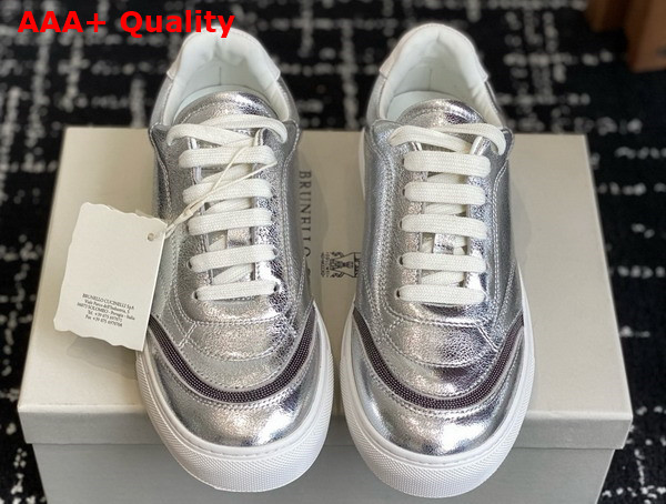 Brunello Cucinelli Lame Calfskin Sneakers with Shiny Details in Silver Replica