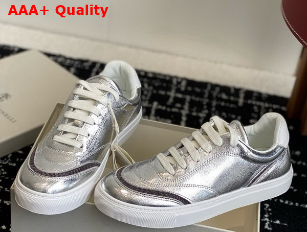 Brunello Cucinelli Lame Calfskin Sneakers with Shiny Details in Silver Replica