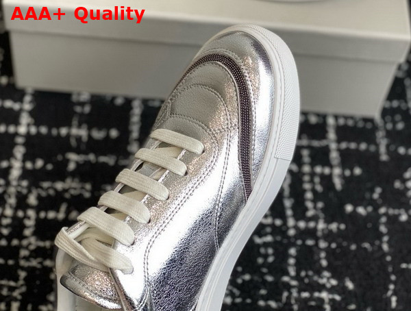 Brunello Cucinelli Lame Calfskin Sneakers with Shiny Details in Silver Replica