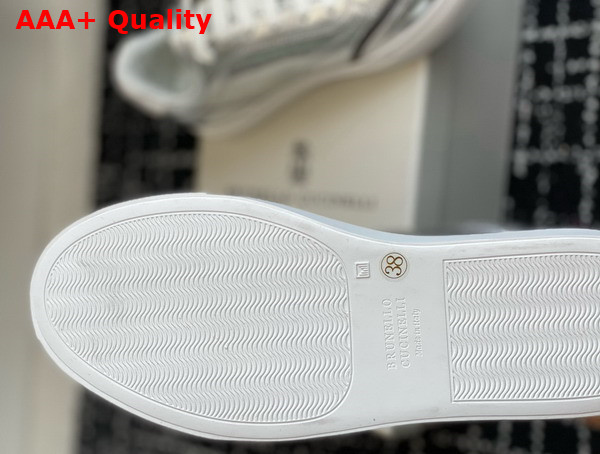 Brunello Cucinelli Lame Calfskin Sneakers with Shiny Details in Silver Replica