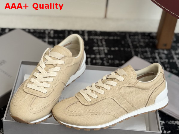 Brunello Cucinelli Leather Runners Beige Grained Soft Leather Runners with Shiny Loops Replica
