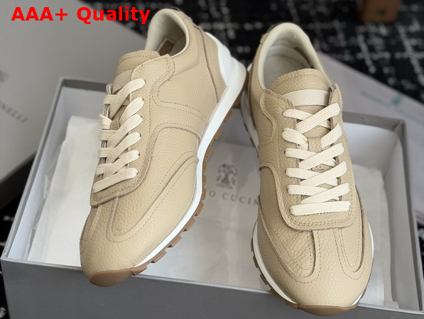 Brunello Cucinelli Leather Runners Beige Grained Soft Leather Runners with Shiny Loops Replica