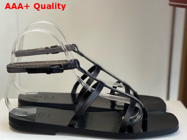 Brunello Cucinelli Leather Sandals with Monili in Black Replica