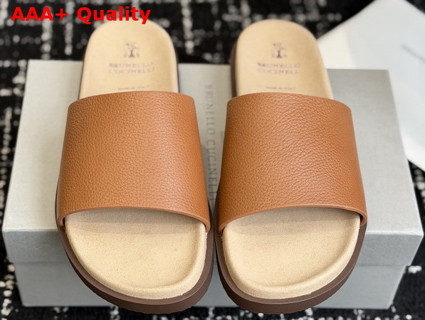 Brunello Cucinelli Leather Slides in Light Brown Replica