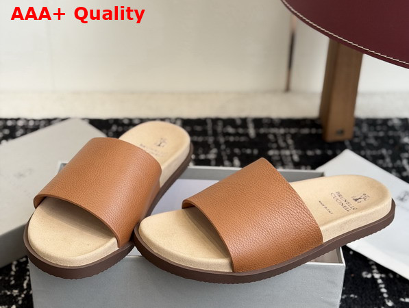 Brunello Cucinelli Leather Slides in Light Brown Replica