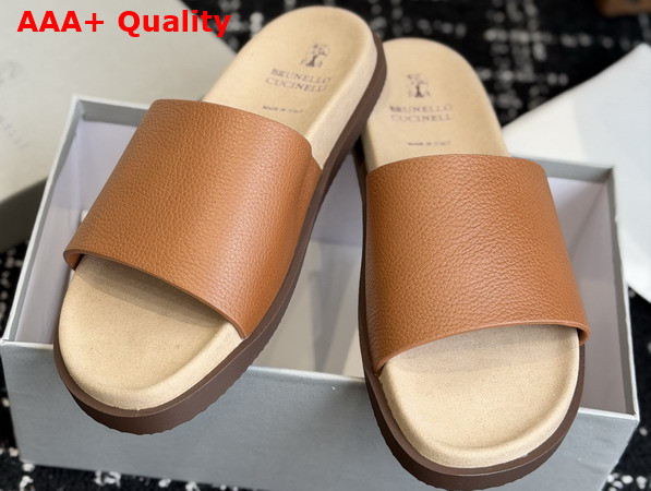 Brunello Cucinelli Leather Slides in Light Brown Replica