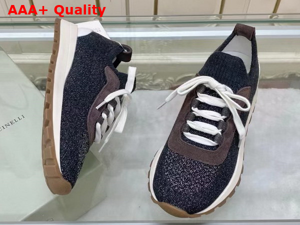 Brunello Cucinelli Sparkling Cotton Knit Runners with Shiny Eyelets Lignite Grey Replica
