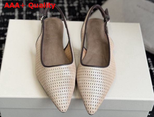 Brunello Cucinelli Sparkling Leather Net Slingback Flats with Monili in Beige Replica