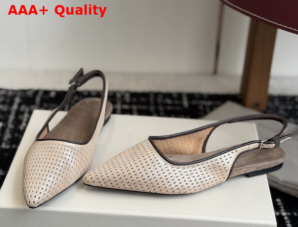Brunello Cucinelli Sparkling Leather Net Slingback Flats with Monili in Beige Replica