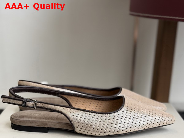 Brunello Cucinelli Sparkling Leather Net Slingback Flats with Monili in Beige Replica