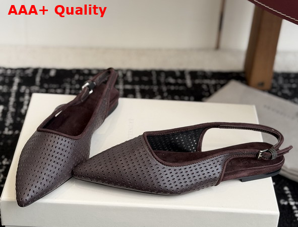 Brunello Cucinelli Sparkling Leather Net Slingback Flats with Monili in Brown Replica