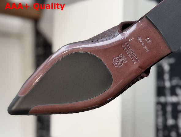 Brunello Cucinelli Sparkling Leather Net Slingback Flats with Monili in Brown Replica