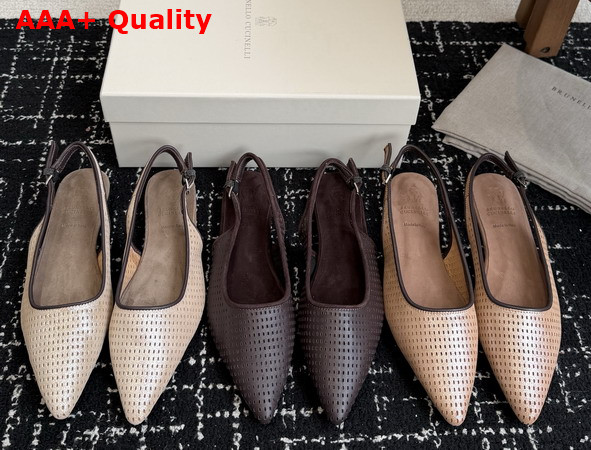 Brunello Cucinelli Sparkling Leather Net Slingback Flats with Monili in Brown Replica