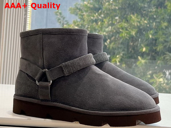 Brunello Cucinelli Suede Boots with Shearling Lining and Precious Ribbed Strap Dark Grey Replica
