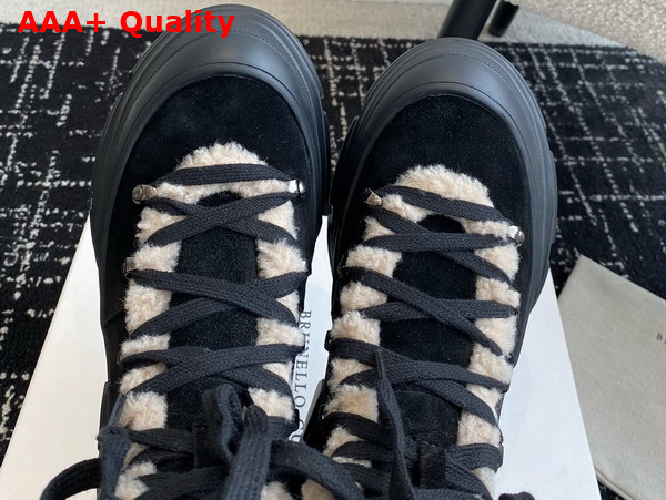 Brunello Cucinelli Suede Calfskin and Shearling Mountain Boots with Shiny Detail Black Replica