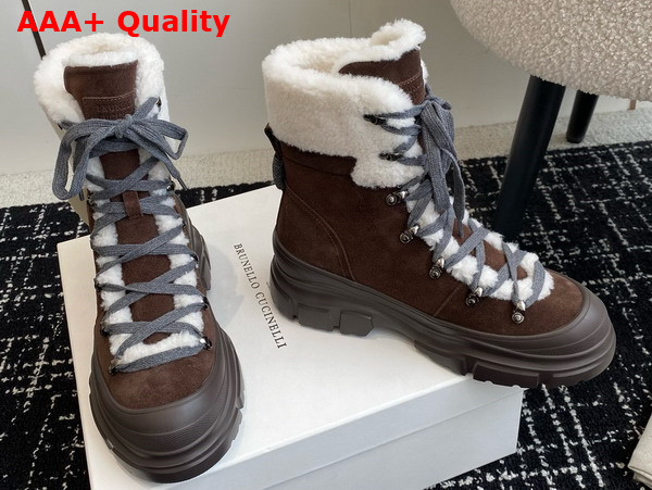 Brunello Cucinelli Suede Calfskin and Shearling Mountain Boots with Shiny Detail Tobacco Replica