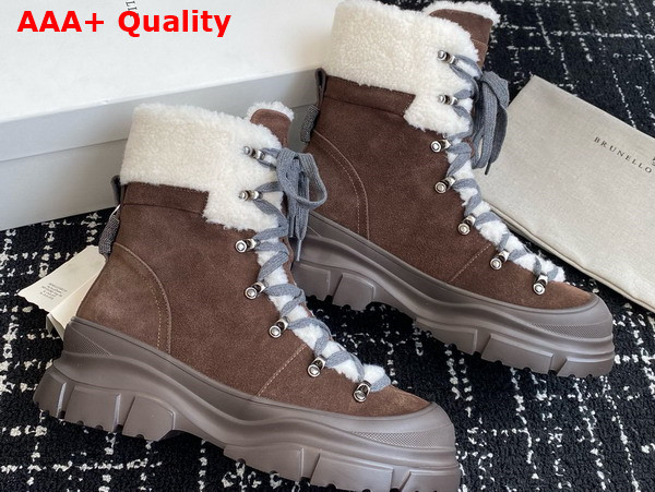 Brunello Cucinelli Suede Calfskin and Shearling Mountain Boots with Shiny Detail Tobacco Replica
