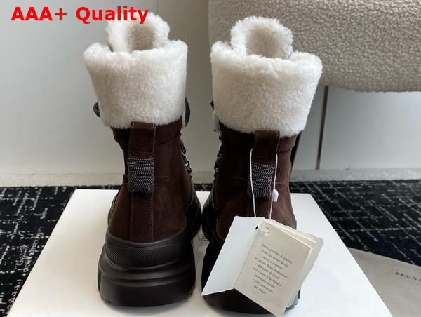 Brunello Cucinelli Suede Calfskin and Shearling Mountain Boots with Shiny Detail Tobacco Replica
