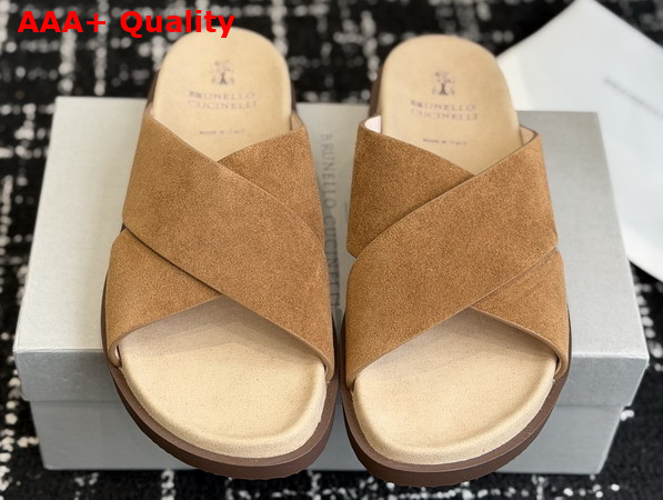 Brunello Cucinelli Suede Crossover Slides in Beige Replica