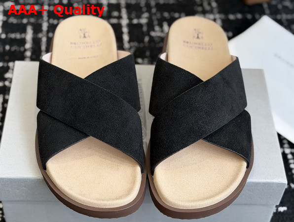 Brunello Cucinelli Suede Crossover Slides in Beige Replica