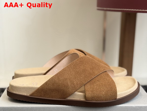 Brunello Cucinelli Suede Crossover Slides in Beige Replica
