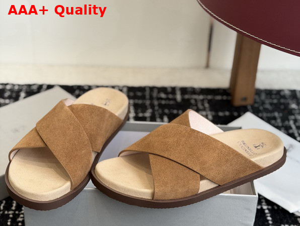 Brunello Cucinelli Suede Crossover Slides in Beige Replica