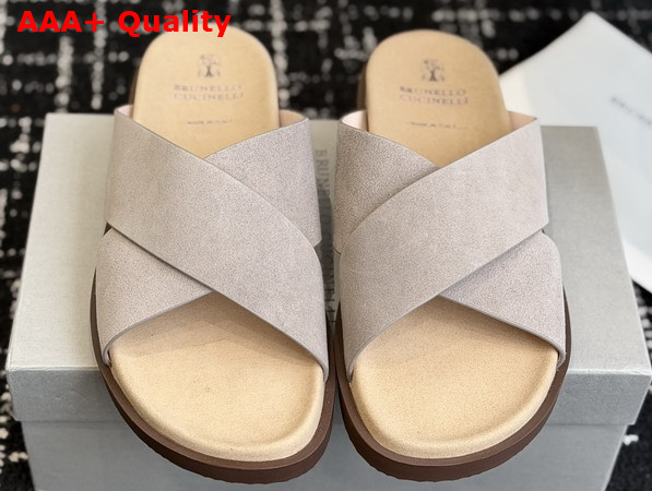 Brunello Cucinelli Suede Crossover Slides in Beige Replica