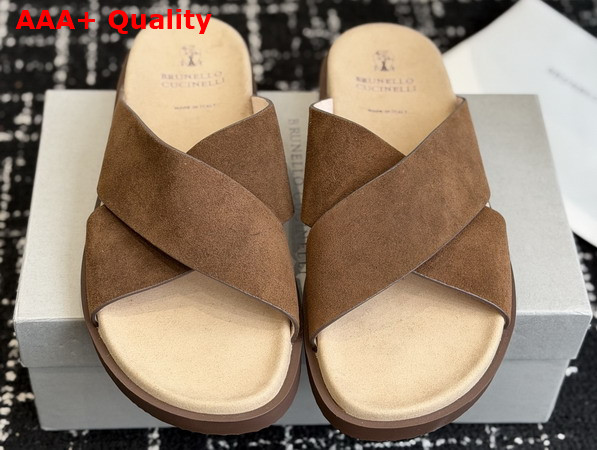 Brunello Cucinelli Suede Crossover Slides in Beige Replica