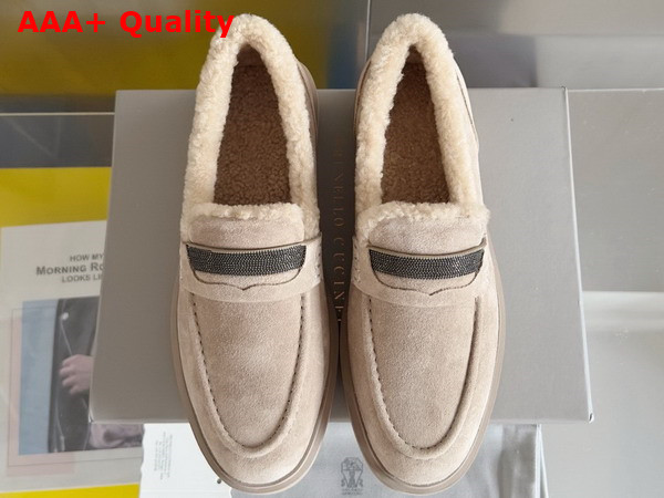 Brunello Cucinelli Suede Penny Loafers with Shearling Lining and Precious Insert Beige Replica