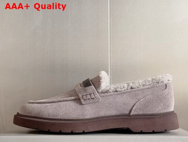 Brunello Cucinelli Suede Penny Loafers with Shearling Lining and Precious Insert Light Grey Replica