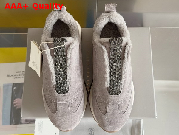 Brunello Cucinelli Suede Runners with Shearling Lining and Precious Detail Light Grey Replica