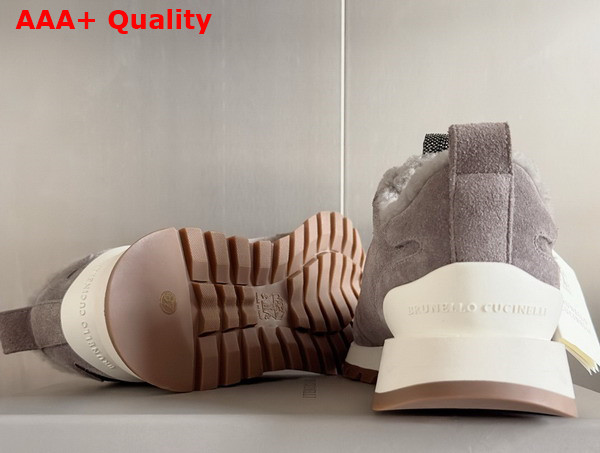 Brunello Cucinelli Suede Runners with Shearling Lining and Precious Detail Light Grey Replica