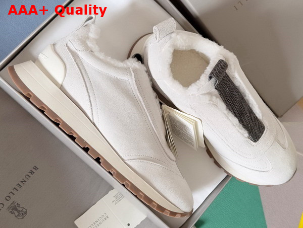 Brunello Cucinelli Suede Runners with Shearling Lining and Precious Detail White Replica