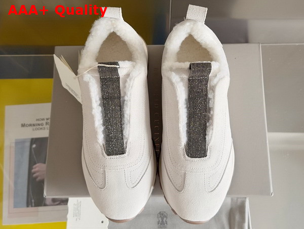Brunello Cucinelli Suede Runners with Shearling Lining and Precious Detail White Replica