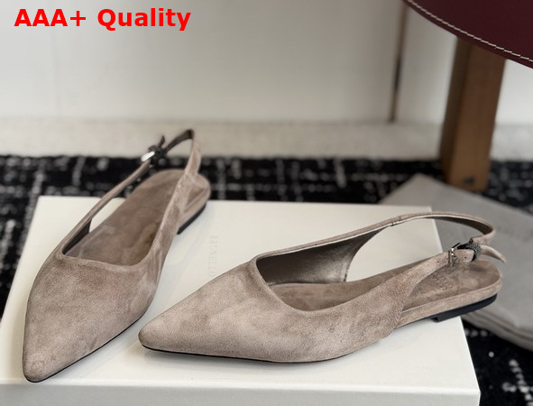 Brunello Cucinelli Suede Slingback Flats with Shiny Detail in Brown Replica