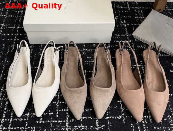 Brunello Cucinelli Suede Slingback Flats with Shiny Detail in Brown Replica