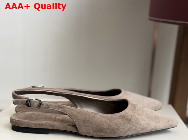 Brunello Cucinelli Suede Slingback Flats with Shiny Detail in Brown Replica