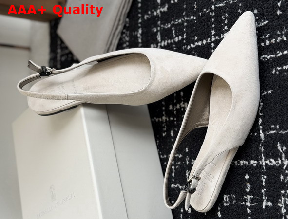 Brunello Cucinelli Suede Slingback Flats with Shiny Detail in Grey Replica
