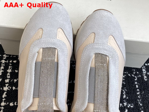 Brunello Cucinelli Suede and Techno Fabric Runners with Precious Detail Light Grey and Beige Replica