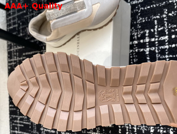 Brunello Cucinelli Suede and Techno Fabric Runners with Precious Detail Light Grey and Beige Replica