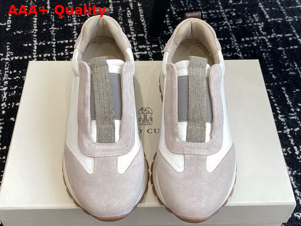 Brunello Cucinelli Suede and Techno Fabric Runners with Precious Detail White Replica