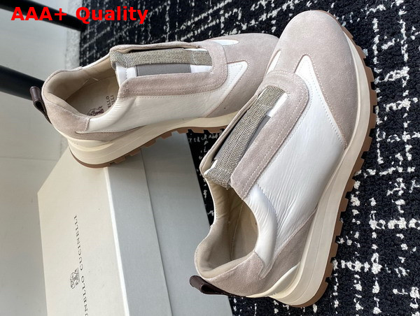Brunello Cucinelli Suede and Techno Fabric Runners with Precious Detail White Replica