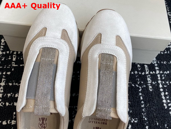 Brunello Cucinelli Suede and Techno Fabric Runners with Precious Detail White and Beige Replica