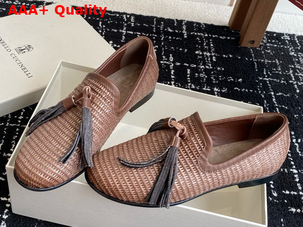 Brunello Cucinelli Techno Raffia Loafer with Precious Trim and Tassel in Brown Replica