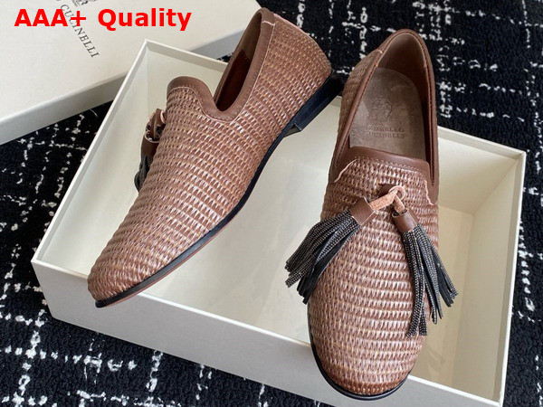 Brunello Cucinelli Techno Raffia Loafer with Precious Trim and Tassel in Brown Replica