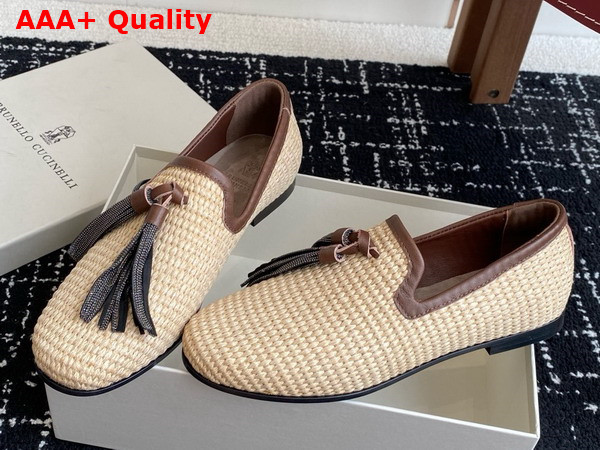Brunello Cucinelli Techno Raffia Loafer with Precious Trim and Tassel in Natural Replica