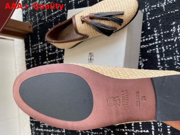 Brunello Cucinelli Techno Raffia Loafer with Precious Trim and Tassel in Natural Replica